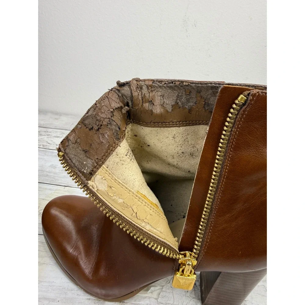 Michael Kors Brown Leather Ankle Boots Block Heel Gold Zip